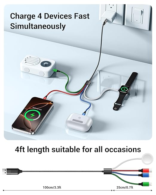 Temdan for Apple Watch Charger,4 in 2 USB C Cable for iPhone 17 Charger/Type C/Lightning/Micro USB,Multi Charging Cable Cord,Portable Travel Vacation Essentials Designed for iWatch &iPhone 16-12