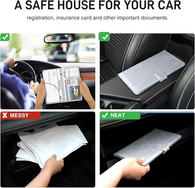 Car Registration and Insurance Card Holder, Document Holder for Cards, Driver Vehicle License Document Glove Box Compartment Organizer, Car Essentials For Women