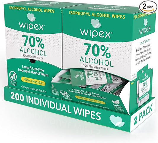 Wipex 70% Isopropyl Alcohol Wipes Individually Wrapped Sachets, Large Electronic wipes in Dispensing Box, Alcohol Prep Wipes, Screen Wipes & Tech Wipes for Sanitizing 100 Count (Pack of 2)