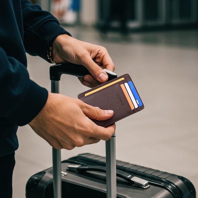 Buffway Slim Minimalist Front Pocket RFID Blocking Leather Wallets for Men and Women - Cross Coffee