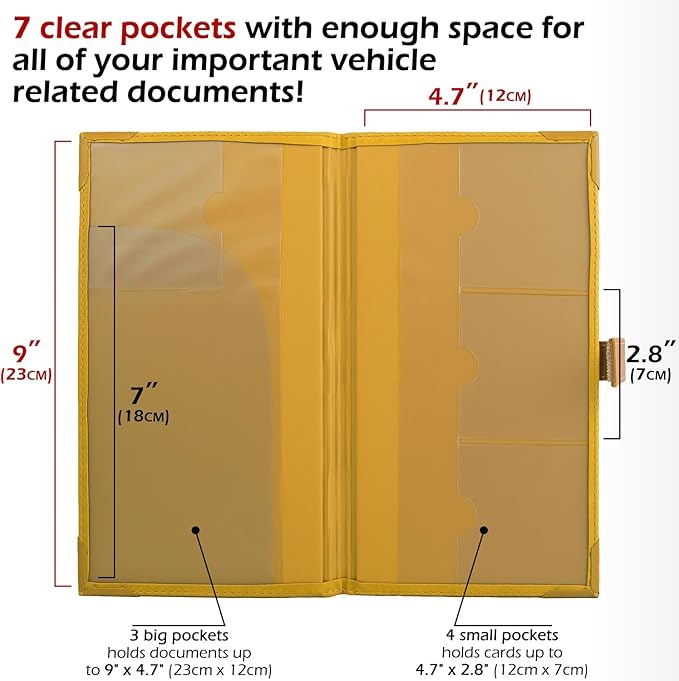 Auto Insurance and Registration Card Holder - Vehicle Glove Box Document Organizer - Car Essential Paperwork Holder for DMV, AAA, Contact Information Cards - Premium PU Leather Wallet Case - Yellow