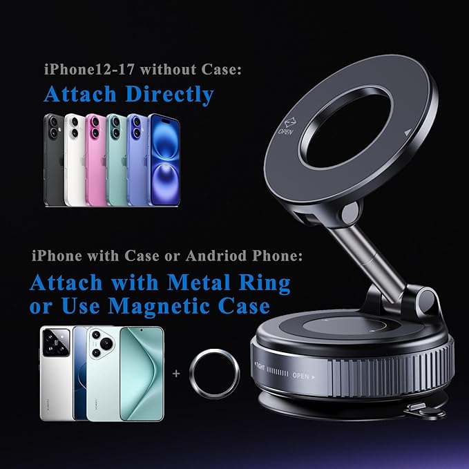 Magnetic Phone Holder for Car,Vacuum Suction Cup Phone Mount,Magsafe Car Mount for iPhone, No Need Charge,Folding Holder for iPhone and Android