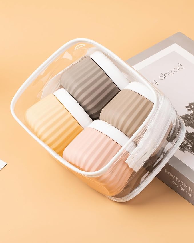 Travel Containers for Toiletries 4 Pack, TSA Approved Travel Size Toiletries, Travel Size Containers, With Clear Bag Leak Proof Silicone Jars, Travel Essentials Creams Jars Carrying Small Items