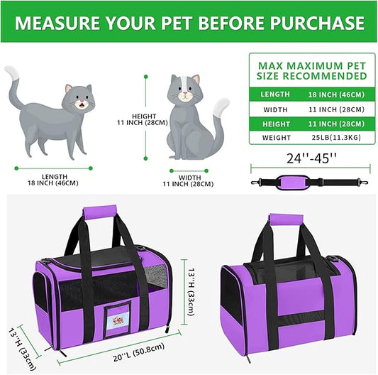 Large Cat Carrier Soft Sided Pet Carriers for Large Cats Under 25 lbs, 20" Dog Carrier Cat Carrier for 2 Cats Travel Carrier, Purple
