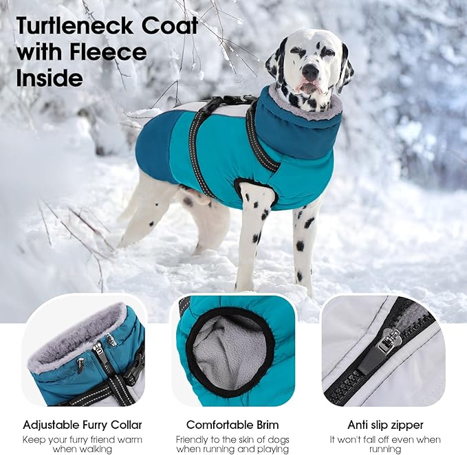 SUNFURA Dog Winter Coat, Warm Dog Coat with Harness for Medium Dogs Boys Girls, Reflective Fleece Lined Pet Winter Jacket Snowsuit for Pug, Jack Russel, Schnauzer, Turquoise M
