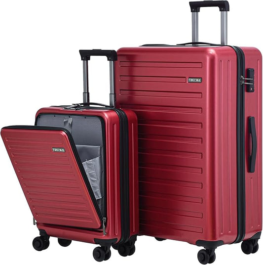 TydeCkare 2pcs 20/28" Luggage Set Lightweight HardShell, Only 20 Inch Carry On 21.65 * 15.35 * 7.87" Cabin Suitcase with Front Pocket, 28 Inch 19.68 * 11.81 * 29.92" Checked Luggage, Wine Red