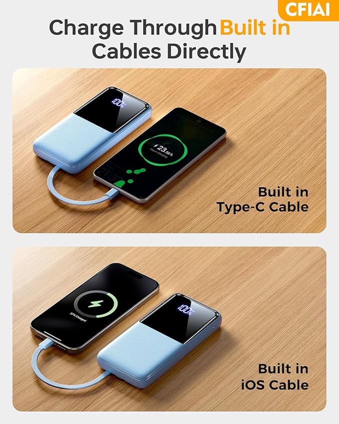 Portable Charger Power Bank - 20,000mAh Battery Pack Portable Phone Charger with Built in Cable 22.5W Fast Charging Powerbank Compatible with iPhone Android Samsung Phone, Travel Camping Essential