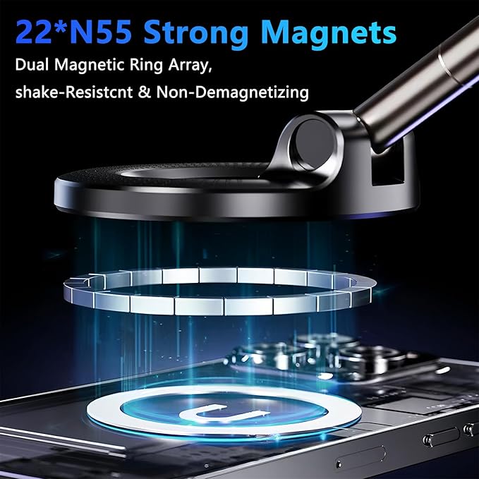 Magnetic Car Phone Holder for Magsafe [96+LBS Suction & 2800gf Magnetic],360°Adjustable Vacuum Suction Cup Car Phone Mount,Car Mount for iPhone 17 Pro Max 16 15 14 13 12 and All Smartphones