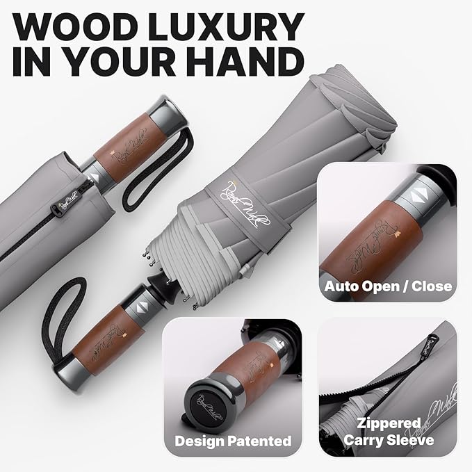 Royal Walk Windproof Folding Travel Umbrella Compact and Strong Luxurious Real Wood Handle Automatic Open Close Vented Double Canopy for Men and Women