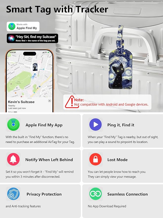 Luggage Tags Built-in Anti-Loss Tracker, Luxury Leather Luggage Tags for Suitcase, Travel Bags, Backpacks, Travel Organizer for Lost Baggage Prevention (Starry Cat)