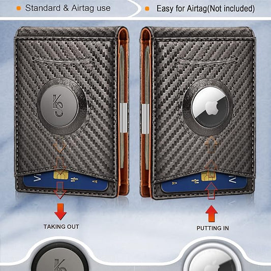 KS Mens Wallet Gift Airtag or Standard Use,Slim Front Pocket Leather Wallet Money Clip 11 cards RFID Blocking