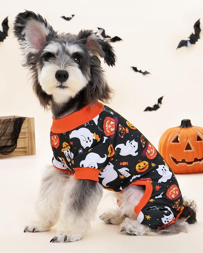XPUDAC 4 Pack Halloween Dog Pajamas, Funny Ghost Halloween Costumes for Dogs, Soft Strechy Doggy Clothes for Small Medium Dogs Boy Girl, Pet Apparel, M