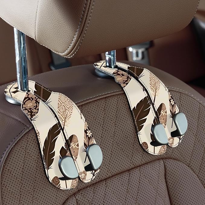 CoBak Purse Hook for Car - Universal Premium Stitched Leather and Aluminum-Magnesium Alloy Double Car Seat Back Storage Hook for Purses, Handbags, Bags (2 Pack),Brown