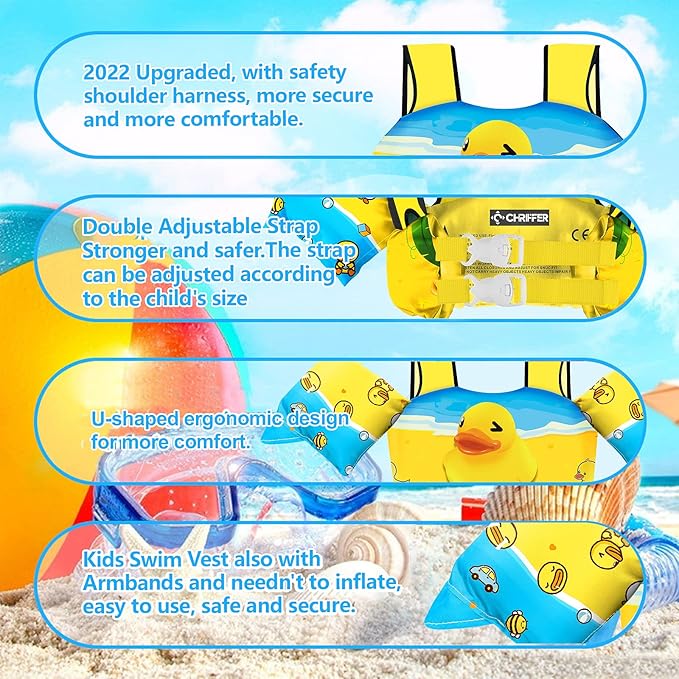 Chriffer Kids Swim Vest Life Jacket for 30-55 Pounds Boys and Girls, Toddler Floaties with Shoulder Harness Arm Wings for 2,3,4,5,6,7 Years Old Baby