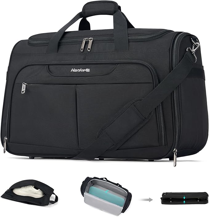 Hanke Carry On luggage Bags for Travel, Large Foldable Duffle Bag for Travel, Softside Lightweight Travel Bag Carry On Bags for Airplanes Women, Travel Tote Bags for Women Men.（Black）