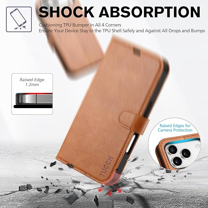 TUCCH Wallet Case for iPhone 17 Pro (6.3") 2025, 4 Card Holders | RFID Blocking | Stand | PU Leather | Magnetic Closure | Protective Flip Folio Cover | Shockproof TPU Shell | Light Brown