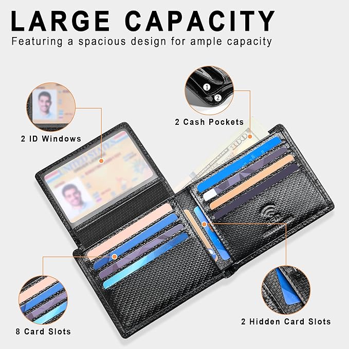 Travelambo Genuine Leather Wallet for Men with Gift Box - Handmade Bifold Stylish - Mens Wallets Rfid Blocking with 2 ID Windows