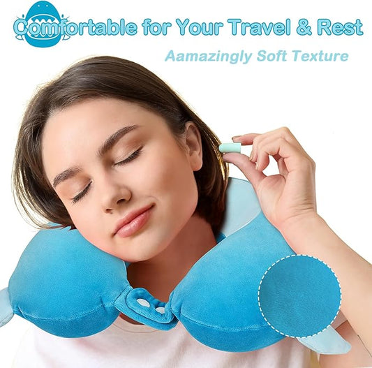 Kids Neck Pillow for Traveling, Adujstable Airplane Pillow with Travel Bag, Travel Essentials for Long Flights, Soft & Support Airplane Pillow for Headrest Sleep - Blue Shak