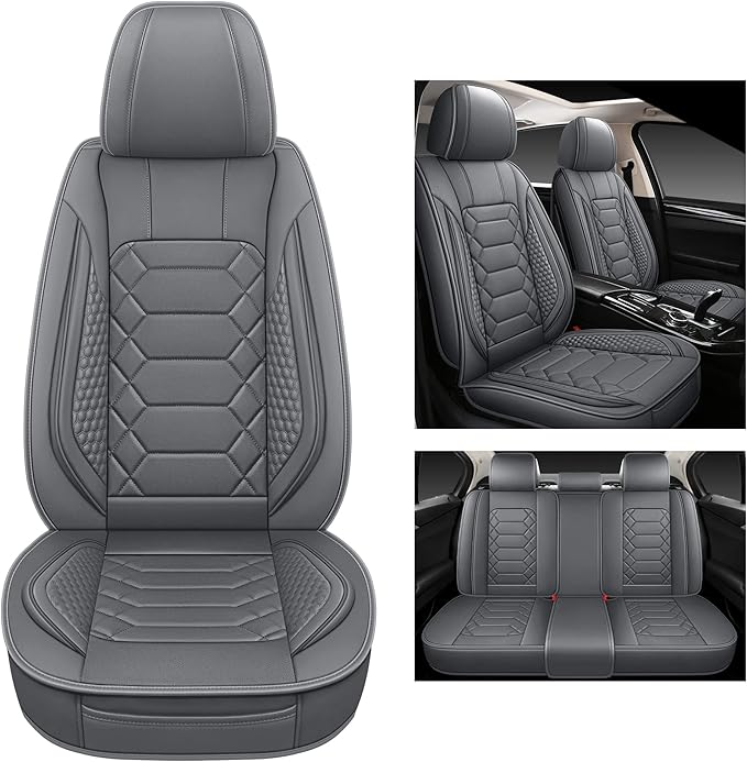 HAIYAOTIMES Leather Car Seat Covers Full Set, Waterproof Faux Leather Seat Covers for Cars, Non-Slip Car Interior Covers Universal Fit for Most Cars Sedans Trucks SUVs, Gray