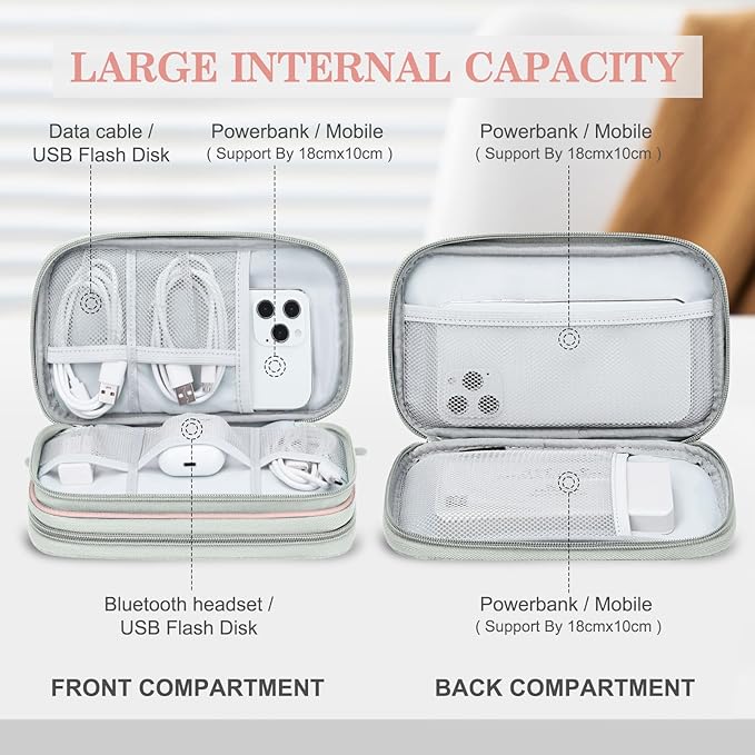 FYY Electronic Organizer, Travel Cable Organizer Bag Pouch Electronic Accessories Carry Case Portable Waterproof Double Layers Storage Bag for Cable, Cord, Phone, Earphone, Large Size, Light Pink