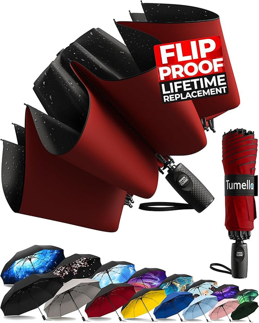 TUMELLA Flip-proof Inverted Travel Umbrella, Small Strong but Light Portable and Automatic Reverse Folding Rain Umbrella, Durable Premium Grip, Fits Car & Backpack