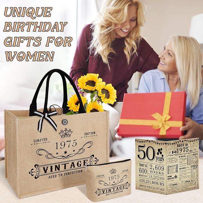YeohJoy 50th Birthday Gifts for Women Jute Tote Bag, Vintage 1975 Burlap Bag with Cosmetic Bag and Back in 1975 Poster, Unique 50 Years Old Gifts for Mom Friends Wife Sister Her