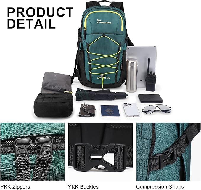 MOUNTAINTOP Hiking Backpack,25L Camping Backpack, Men Women Hiking Daypack Lightweight Travel Backpack for Climbing(Deep Green)