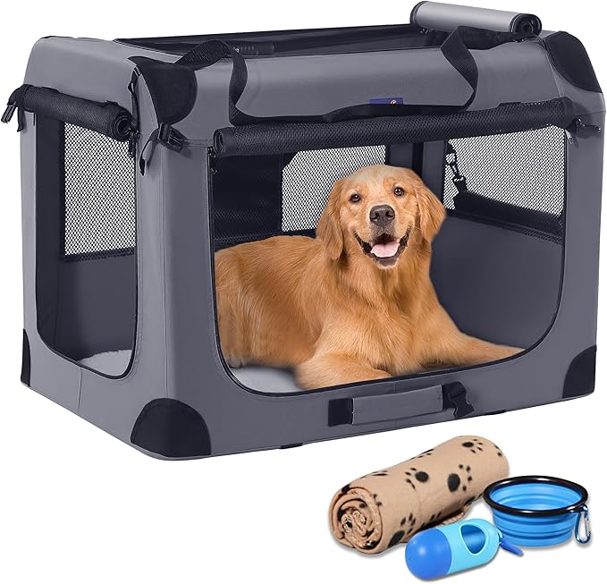 Petprsco 40 Inch Collapsible Dog Crate, Portable Dog Crates for Large Dogs, XL Dog Crate for Travel, 3 Door Soft Dog Kennel with Durable Mesh Windows Indoor & Outside
