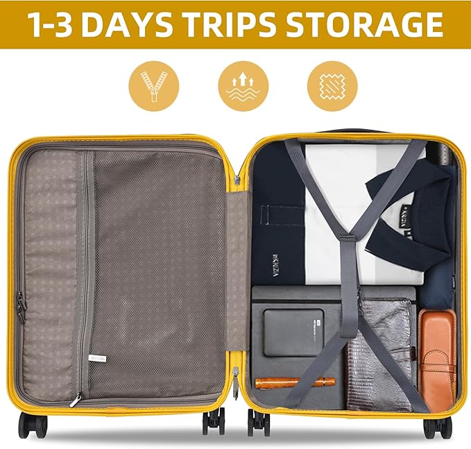 19 Inch Suitcase Hand Luggage with Front Pocket for 15.6" Laptop, 35 * 23 * 55cm, 43L, Ligthweight ABS+PC Hardshell Carry On, Yellow