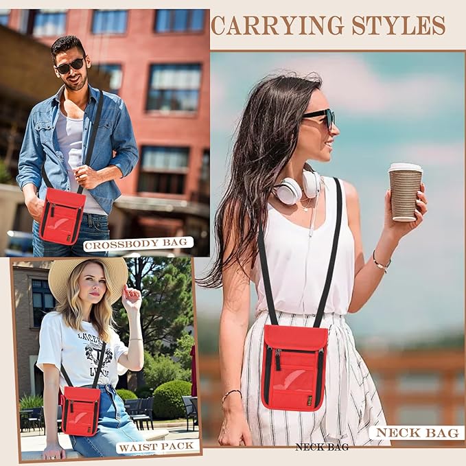 Passport Holder for Travel, Neck Pouch Travel Wallet With RFID Blocking, Waterproof Lightweight Passport Wallet for Women and Men (Red)