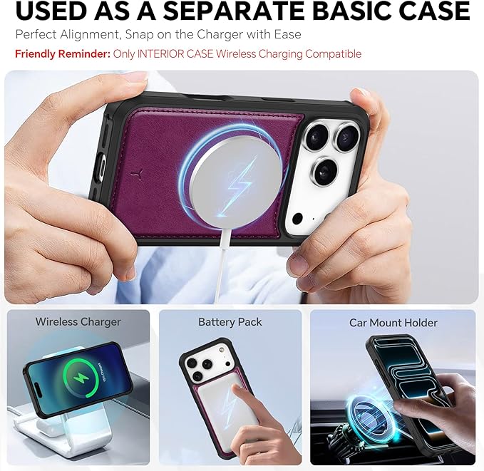 TUCCH Detachable Case Wallet for iPhone 17 Pro (6.3") 2025, Wrist Strap | 4 Card Slots RFID Blocking | Wireless Charging | Stand | 2-in-1 Magnetic | PU Leather | Shockproof Folio Cover | Plum Purple