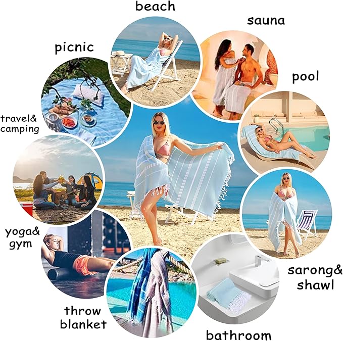 Beach Towel 2 Pack, Sand Free Oversized 39 x 72, Turkish Quick Dry Towel, Lightweight Pool Travel Towel, Cool Beach Essentials Super Absorbent