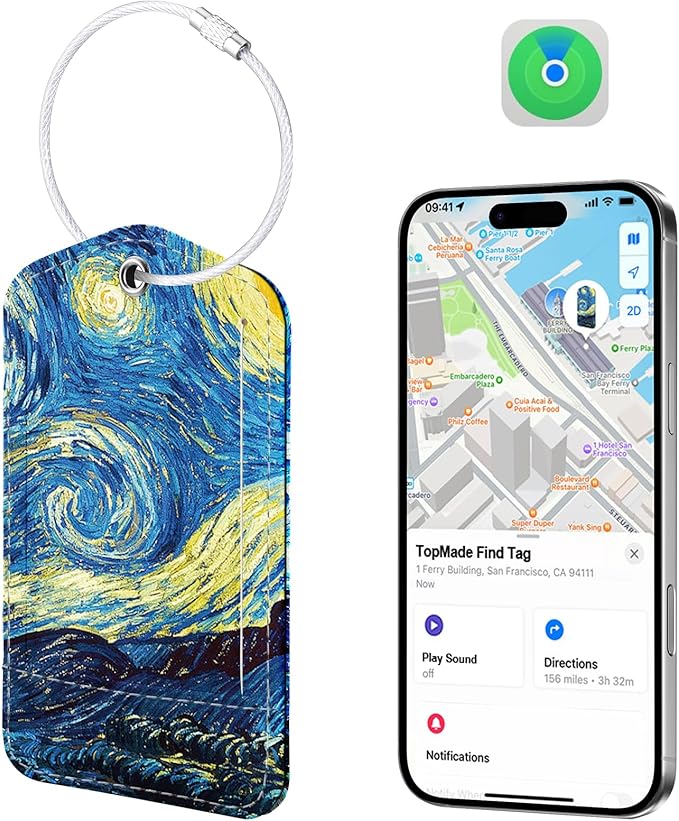 TopMade Smart Luggage Tag with Apple Find My, Premium Leather Luggage Tags for Suitcase, Travel Bags, Backpacks, Anti-Lost Suitcase Tag Tracker for Travel with Privacy Name Card, Rechargeable