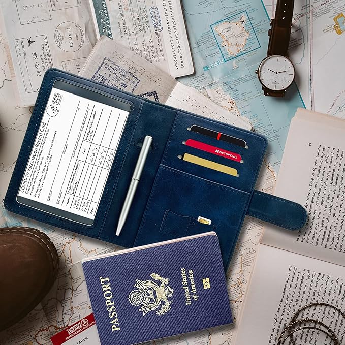 RSAquar Passport Holder for Women and Men, Premium PU Leather Travel Passport Wallet RFID Blocking Passport Cover Travel Documents Organizer with Pen Holder, Blue#2