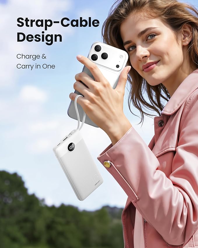 Portable Charger Compatible with iPhone 17, 10000mAh Slim Power Bank with Built-in Cables, External Battery Pack 5 Outputs 2 Inputs LED Display Compatible with iPhone/Android & More (White)