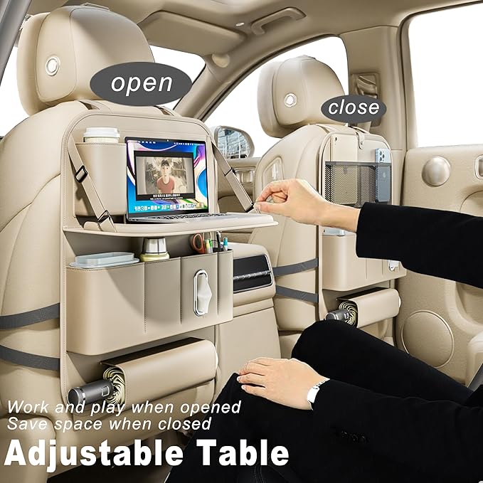 Car Seat Organizers,Multi-functional Back Seat Protectors, Storage Pouches, Child kicking prevention and Tray Holders (for Cars, Kids, Seat Back and Rear Seats) (Beige, 1 Pcs)