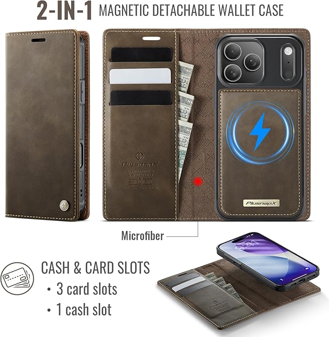 PlusnapX Wallet Case for iPhone 17 Pro Max Compatible with Magsafe, 2-in-1 PU Leather Flip RFID Blocking Card Holder Stand Shockproof Magnetic Detachable Cover for iPhone 17 Pro Max Case 6.9", Brown