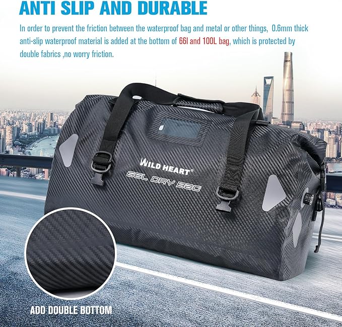 WILD HEART Waterproof Motorcycle Duffel Bag PVC500D Double-bottom With Rope Straps and Inner Pocket 40L 66L 100L for Kayaking, Camping, Boating,Motorcycle