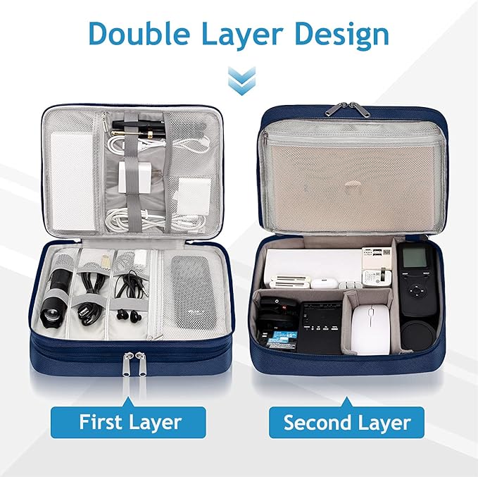 Electronics Travel Organizer, Double Layer Cable Organizer Bag Waterproof Electronics Accessories Storage Bag for Charger, Phone, Power Bank, Hard Drive, Cord, Tablet