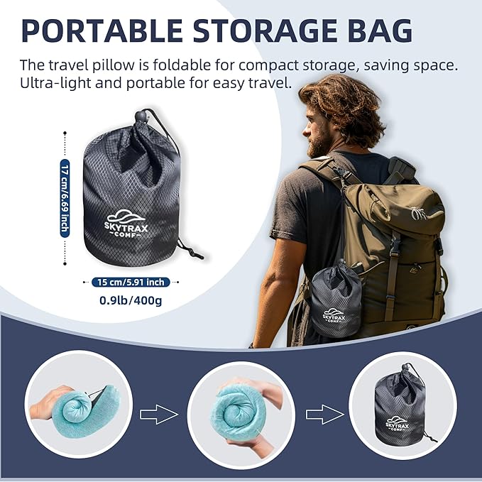 Travel Pillow with Extra Large Hood for Airplane Long Flights Privacy and Comfort Memory Foam with Skin-Friendly Cover for Road Trip Head&Neck Support for Plane Office Cars Sleeping & Rest (Mint Blue)