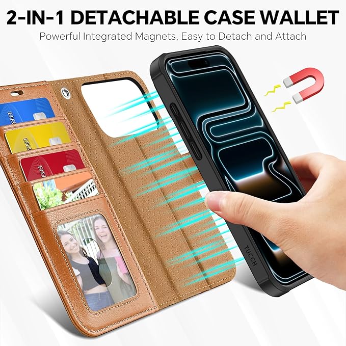 TUCCH Compatible with iPhone 17 Pro Max Detachable Wallet Case with 4 Card Holder, Wireless Charging PU Leather Flip Folio with RFID Blocking Stand Wrist Strap Shockproof Cover, Textured Light Brown
