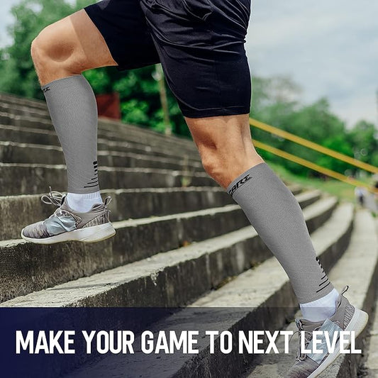 Thoxcare Calf Compression Sleeve for Men Women (1 Pair), Leg Support Footless Compression Socks for Running - Shin Splint Varicose Veins Swelling & Pain Relief, Gray/Black, Large