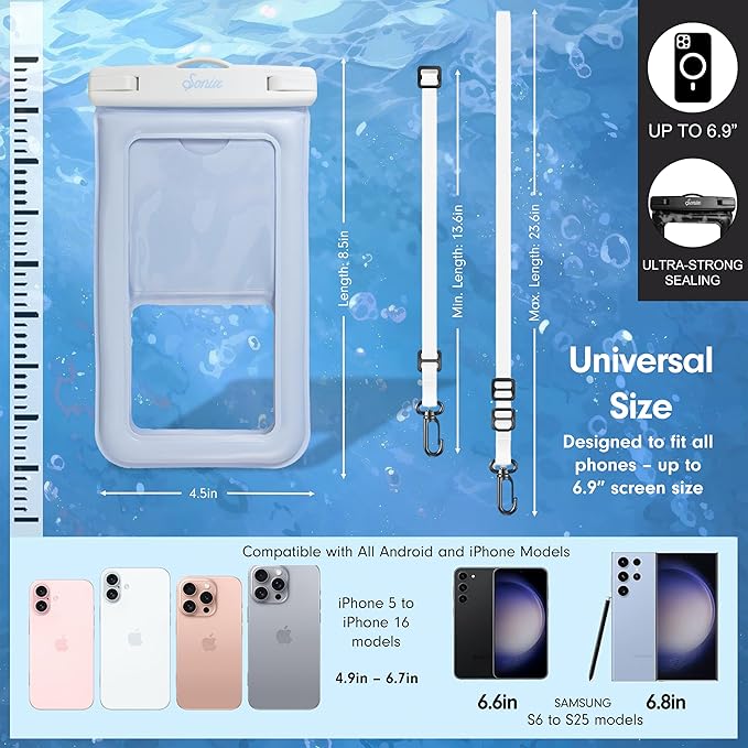Sonix Waterproof Phone Pouch - Floating Phone Case Dry Bag w/Crossbody Lanyard - Beach Cruise Travel Essentials - Compatible w/All Devices, Touchscreen Friendly | Jelly Blue