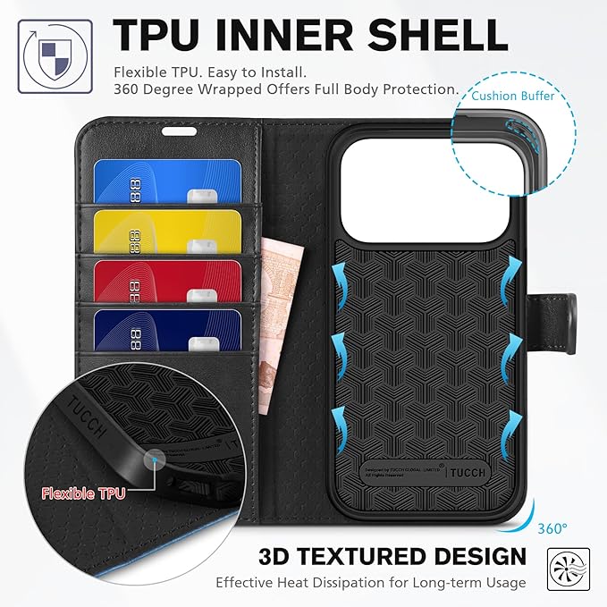 TUCCH Wallet Case for iPhone 17 Pro (6.3") 2025, RFID Blocking 4 Card Slots | Kickstand | Magnetic Closure | PU Leather | Shockproof TPU Shell | Protective Flip Cover | Black & Light Blue