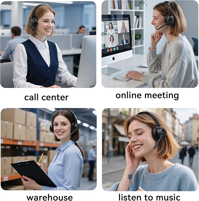 (2025 Upgraded) Wireless Headset with Mic for Work, Bluetooth Headset with Noise Canceling Microphone, Wireless Headphones with Mic and USB Dongle and Mute, Fit for Computer/PC/Teams