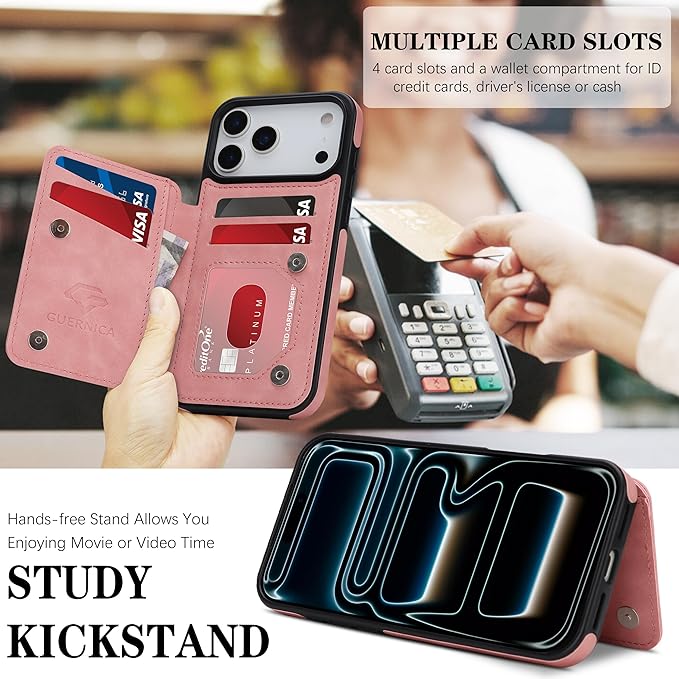 GUERNICA for iPhone 17 Pro (6.3") Case Wallet with Card Holder, RFID Blocking Leather Protection, Shockproof Women Men Phone Case for Apple 17 Pro, Pink
