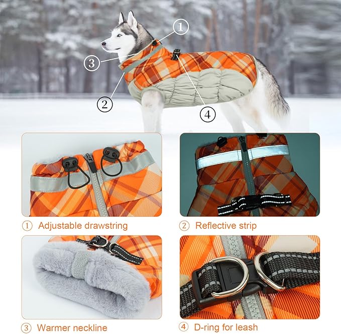 Lelepet Warm Dog Winter Coat Dog Coats for Large Dogs Waterproof Dogs Jacket with Harness Built in Reflective Cold Weather Coats Windproof Zip-Up Winter Fleece Vest Snowsuit Boxer Orange Plaid XL