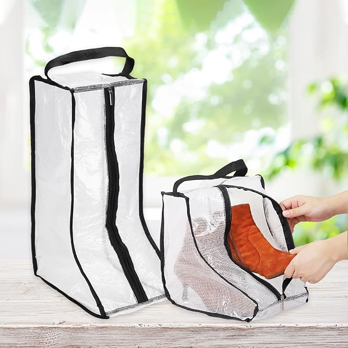 Boot Storage Bags [4PCS] - Plastic Tall Short Boot Carry Bags Clear Shoe Bags with Handle for Travel & Daily Use - [Black] Waterproof & DustProof Boot Bags for Cowboy Boots