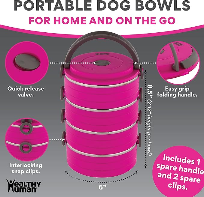 Healthy Human Travel Pet Bento Bowls - Human-Grade Stainless Steel & BPA-Free, Leak-Proof Water & Food Container Set for Dogs & Cats, 4-Pack Interlocking Bowls, Includes Spare Clips & Handle (Pink)