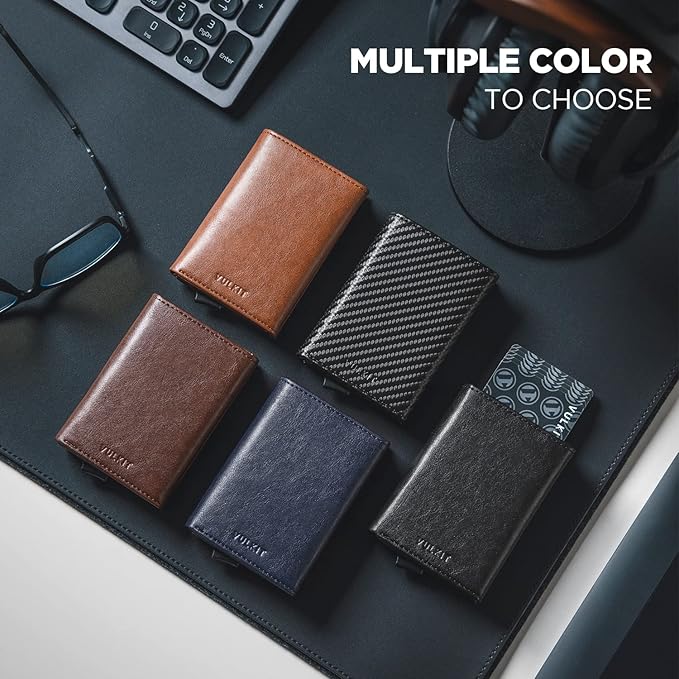 VULKIT Pop up Card Wallet Minimalist Cash Wallets RFID Blocking Leather Smart Credit Card Holder with ID window for Men(Espresso)